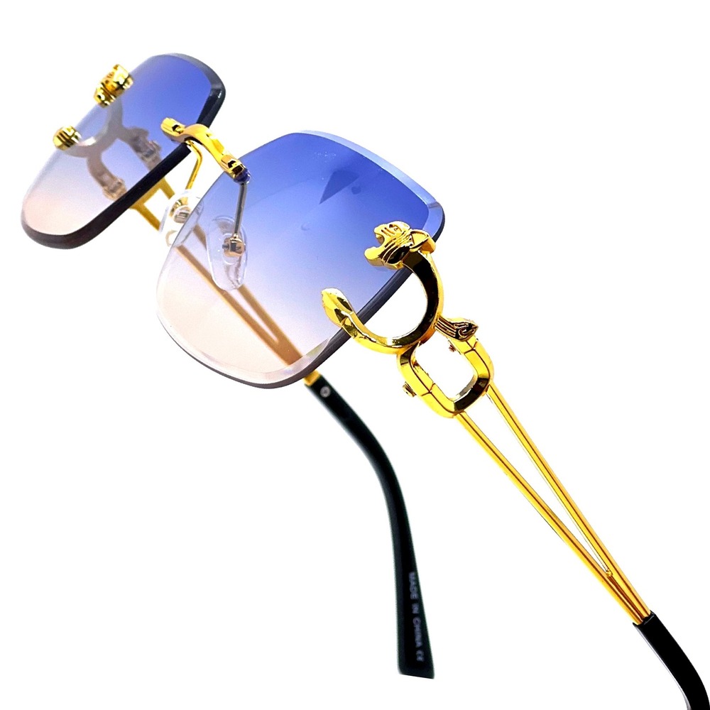 Rimless Sunglasses Gold Accents Blue Gradient Lens Fashion Shades Festival Party